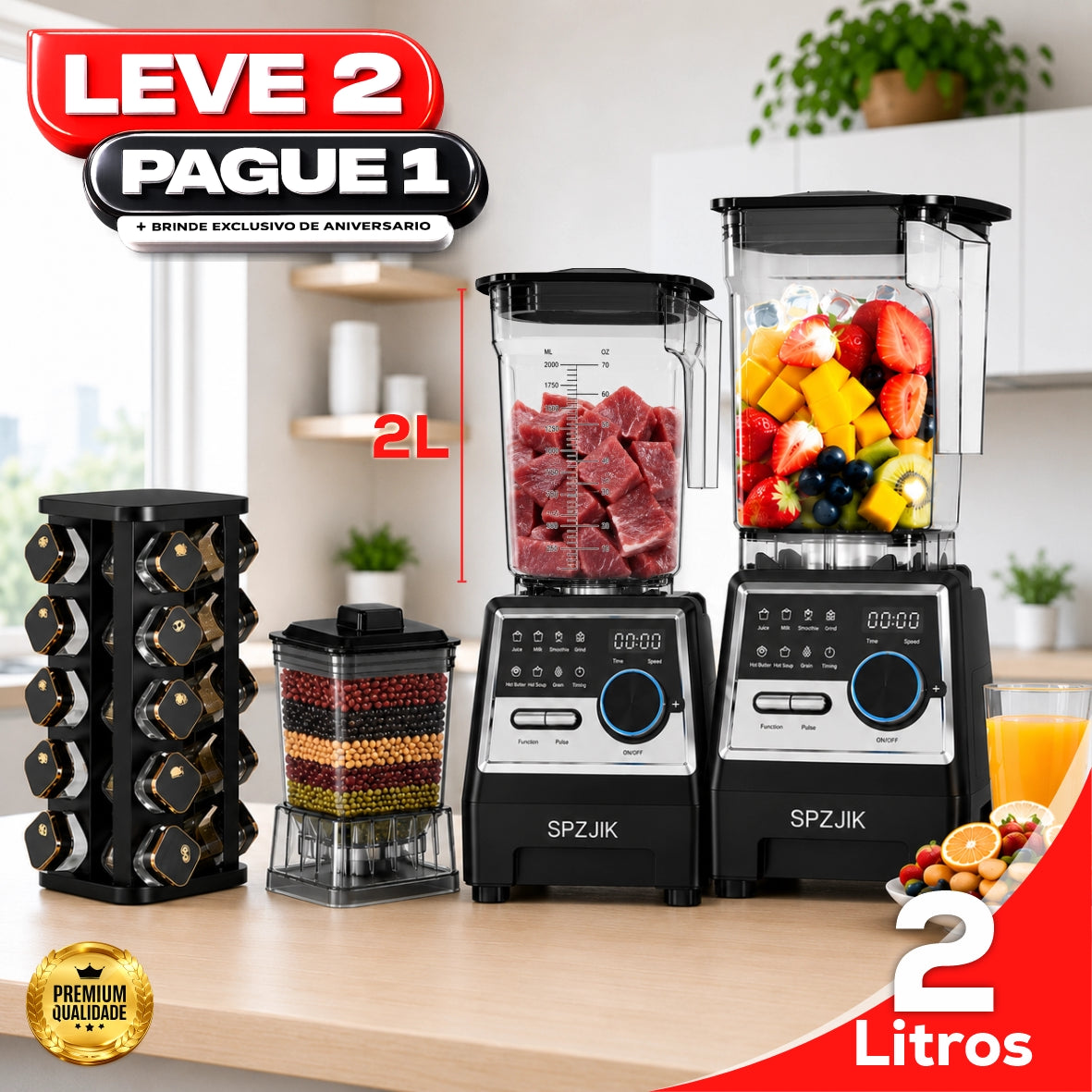 Liquidificador Multiuso MegaMix Com 2 Jarras de Vidro + BRINDE: Porta Tempero Giratório 20 Potes de Vidro  - LEVE 2 PAGUE 1